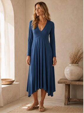 Sympli Blue Long Sleeve Midi Dress Sz 6 Stretch Empire Waist Swing Dress Canada
